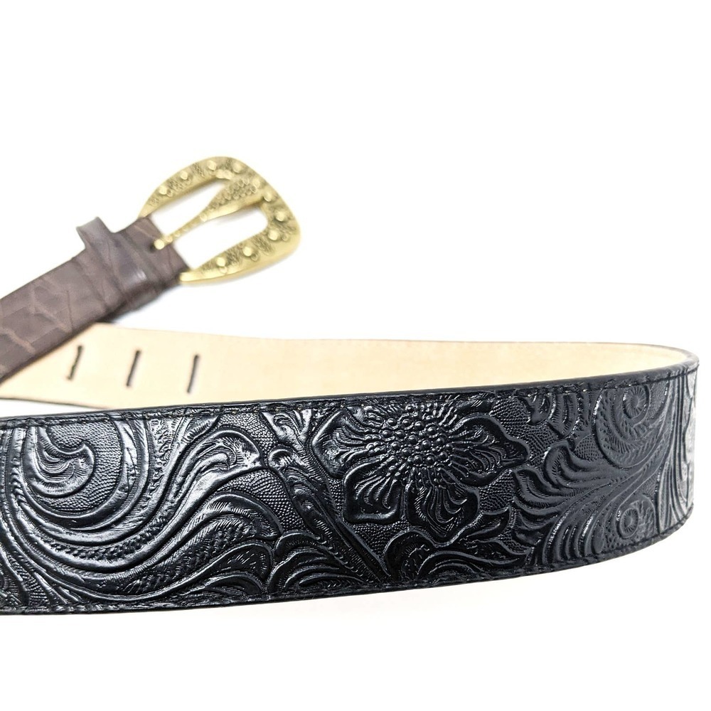 Chicos Belt Womens Medium Brown Black Leather Leopard Brass Gold Boho Western - Picture 9 of 12